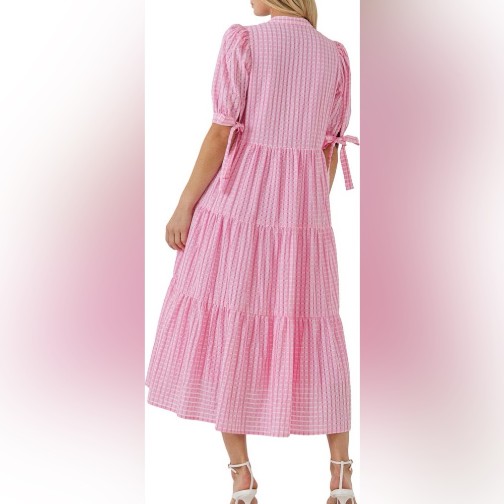 English Factory Pink Tiered Midi Dress with Tie Sleeves - Picture 2 of 5